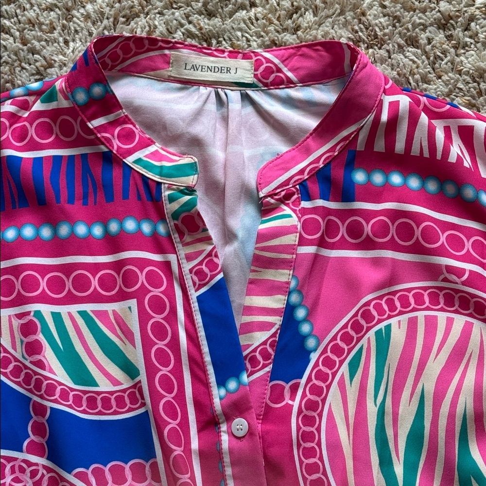 Vibrant Pink and Blue Long Sleeve Dress - Picture 6 of 8